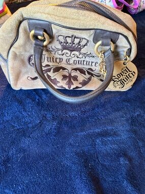 Juicy Couture Tan Suede Satchel with Brown Trim and Gold Hardware